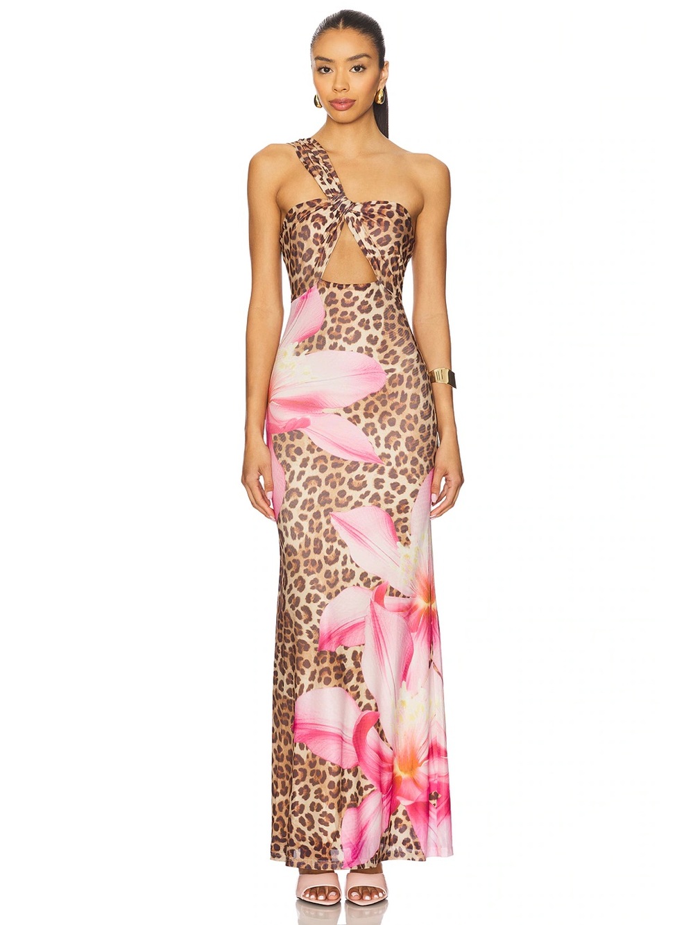 Leopard Print One-Shoulder Maxi Dress with Pink Floral Accents